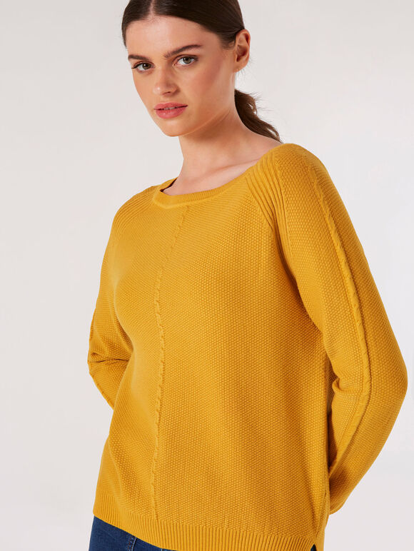 Waffle Knit Aran Jumper, Mustard, large