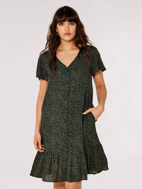 Irregular Spot Print Mini Dress, Khaki, large