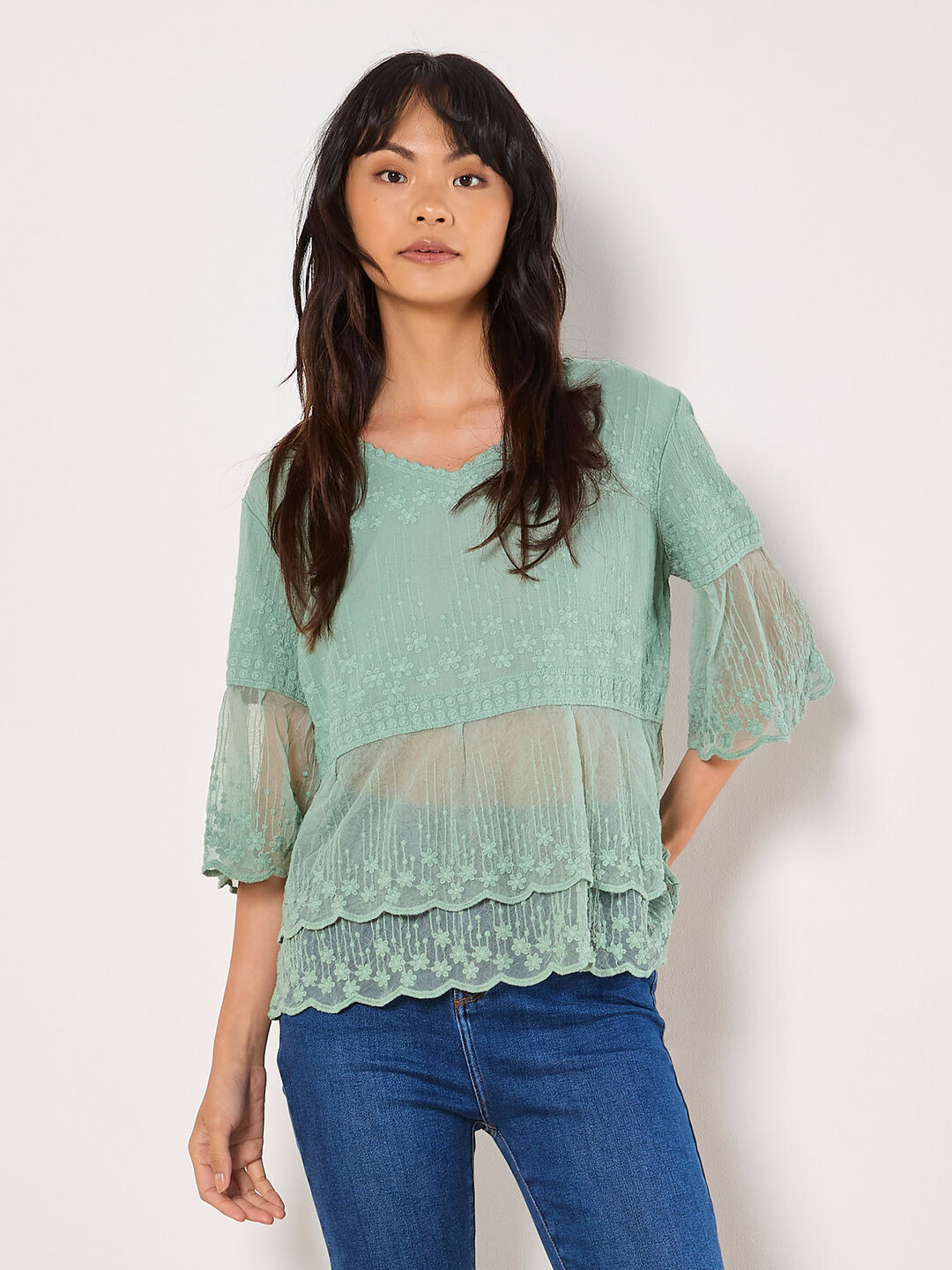 Embroidered Cotton Mesh Blouse