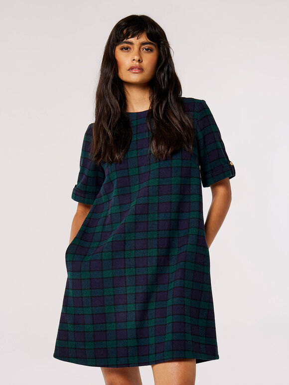 Tartan Check Swing Mini Dress, Navy, large