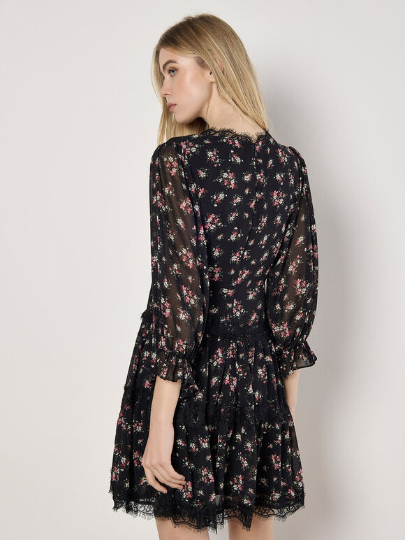 Vintage Floral Lace Tiered Mini Dress, Black, large