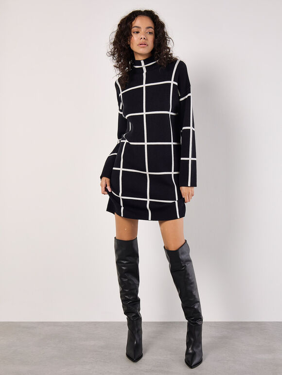 Window Check Knitted Mini Dress, Black, large