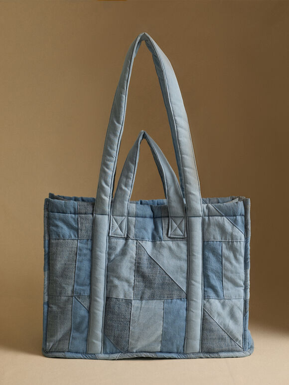 Cotton Denim Patchwork Tote Bag, Blue, large
