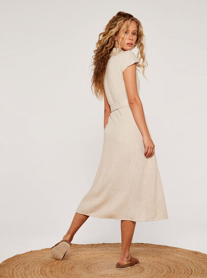 Linen Blend Belted Shirt Midi Dress