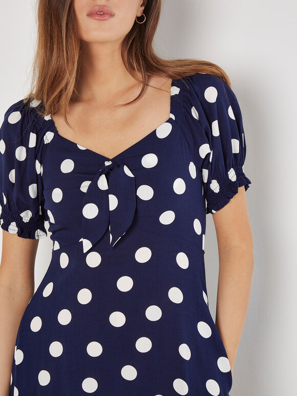 Polka Dot Bow Detail Midi Dress, Navy, large