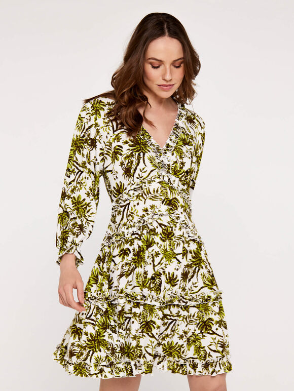 Scenic Palm Ruffle Dress, White, large