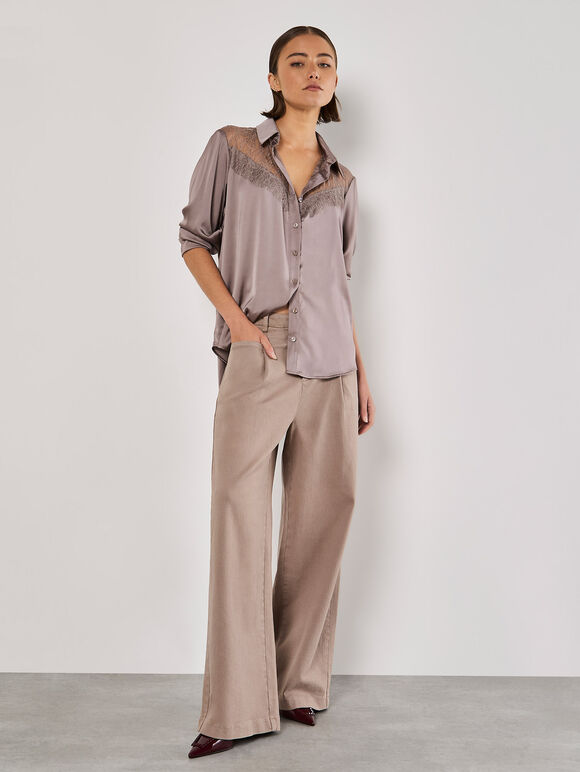 Lace Insert Oversized Satin Shirt, Grey, large