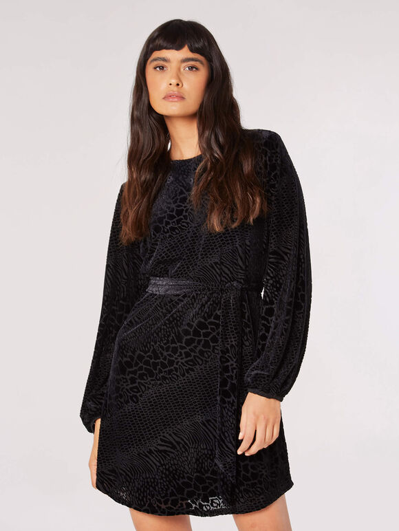 Animal Velvet Burnout Mini Dress, Black, large