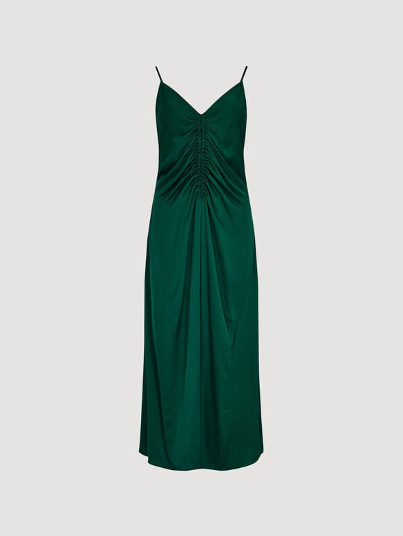Ruched Satin A-Line Midi Dress, Green, large