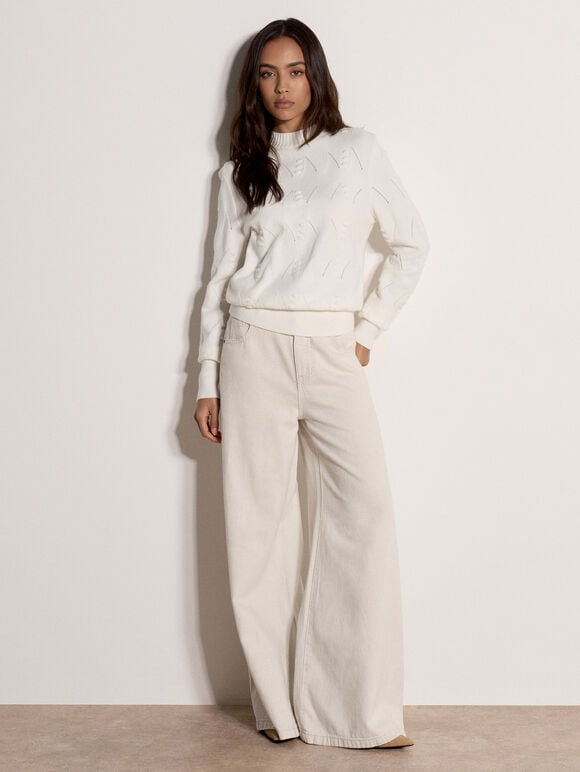 Pom Pointelle Knit Jumper, Cream, large