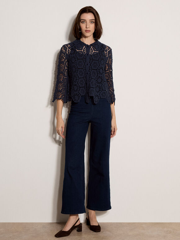 Geometric Cotton Crochet Shirt, Navy, large