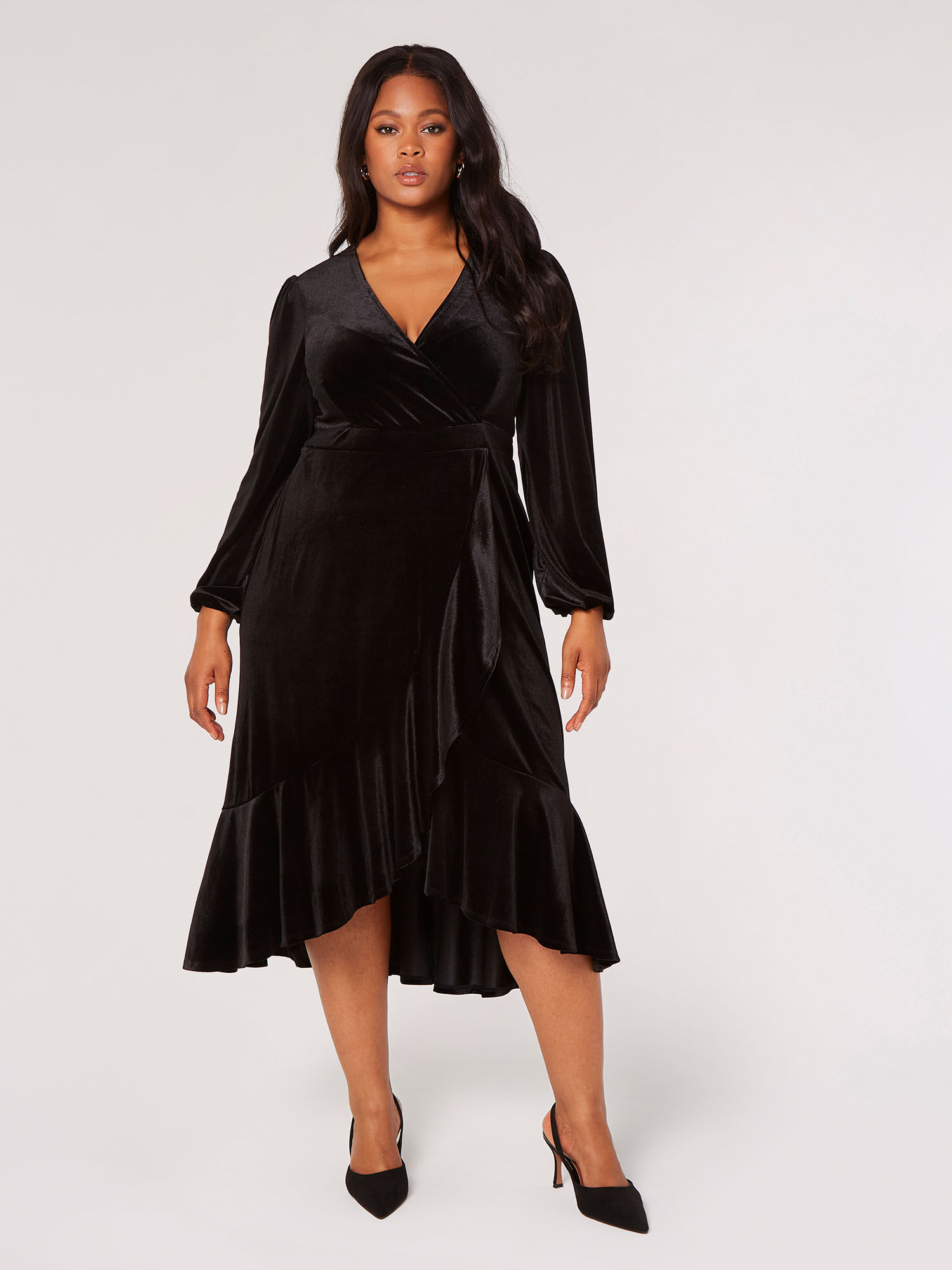 Curve Velvet Wrap Midi Dress Apricot Clothing