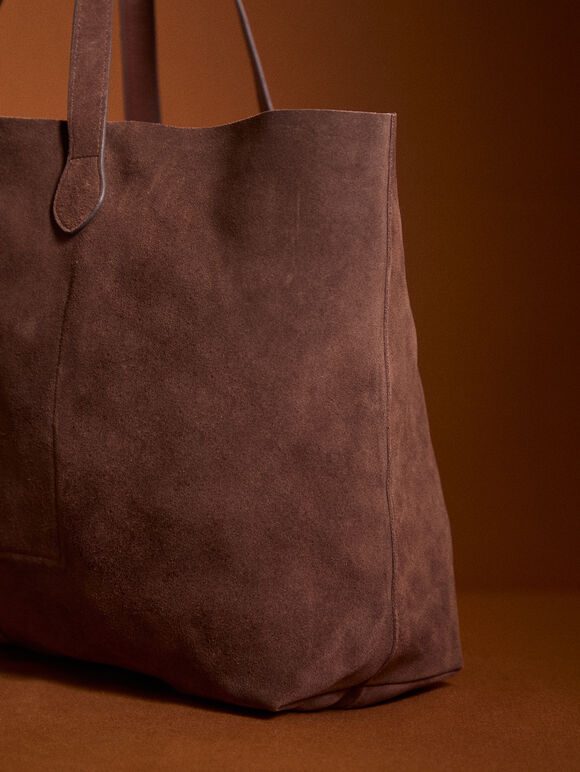 Soft Suede Large Tote Bag, Brown, large