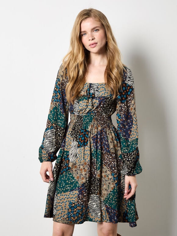Patchwork Print Boho Mini Dress, Khaki, large