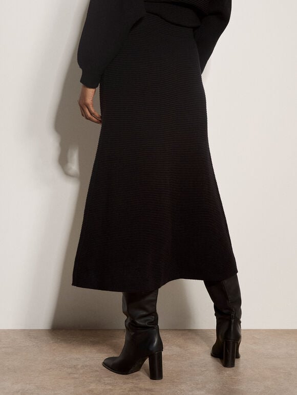 Ribbed Knit A-Line Maxi Skirt, Black, large