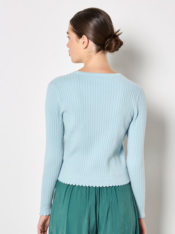 Ribbed Knit Scalloped Cardigan, Blue, large