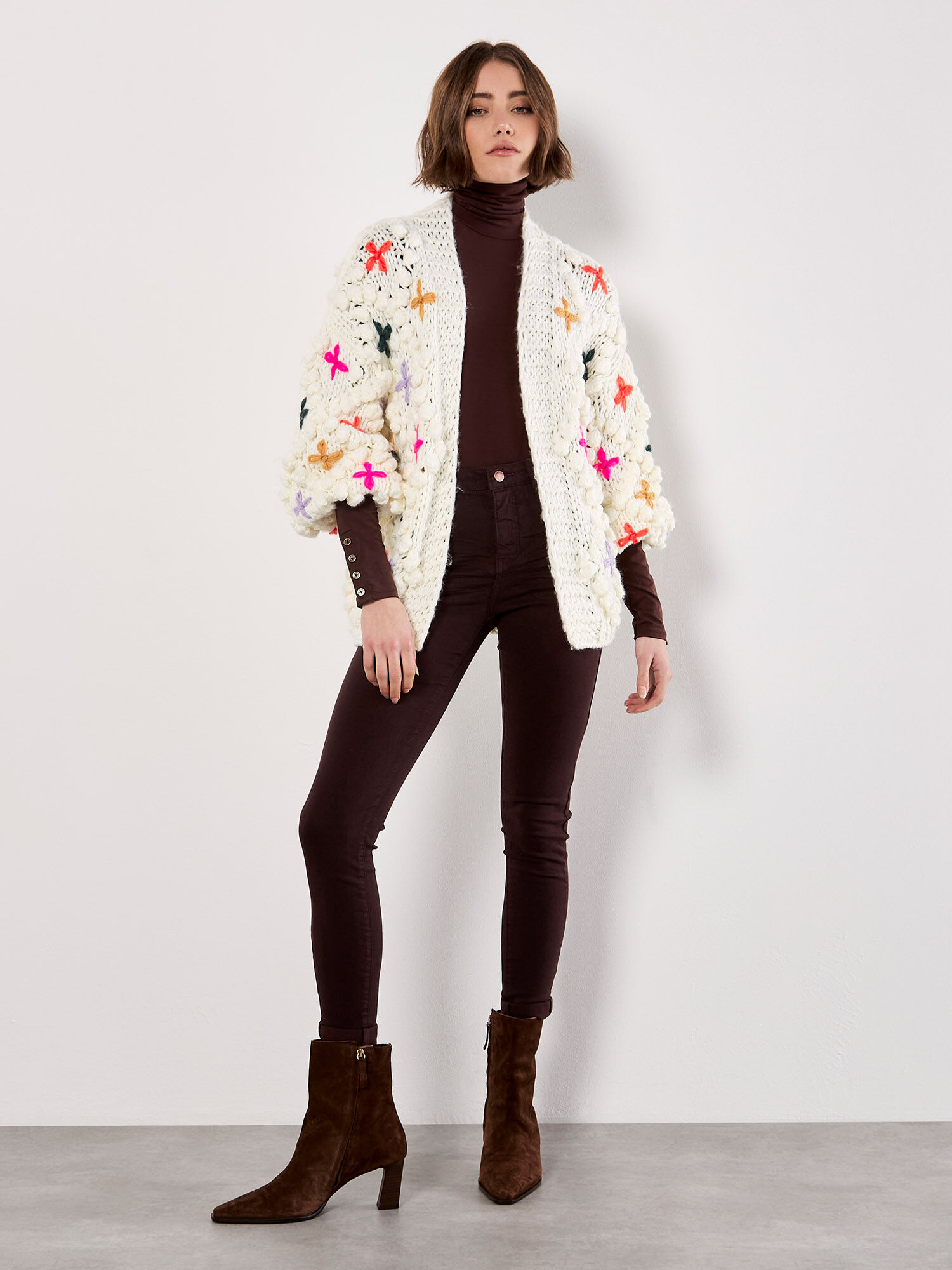 Chunky Knit 3D Flower Cardigan | Apricot Clothing
