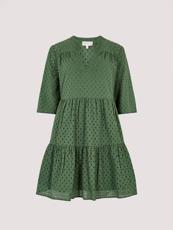 Broderie Anglaise Mini Dress, Khaki, large