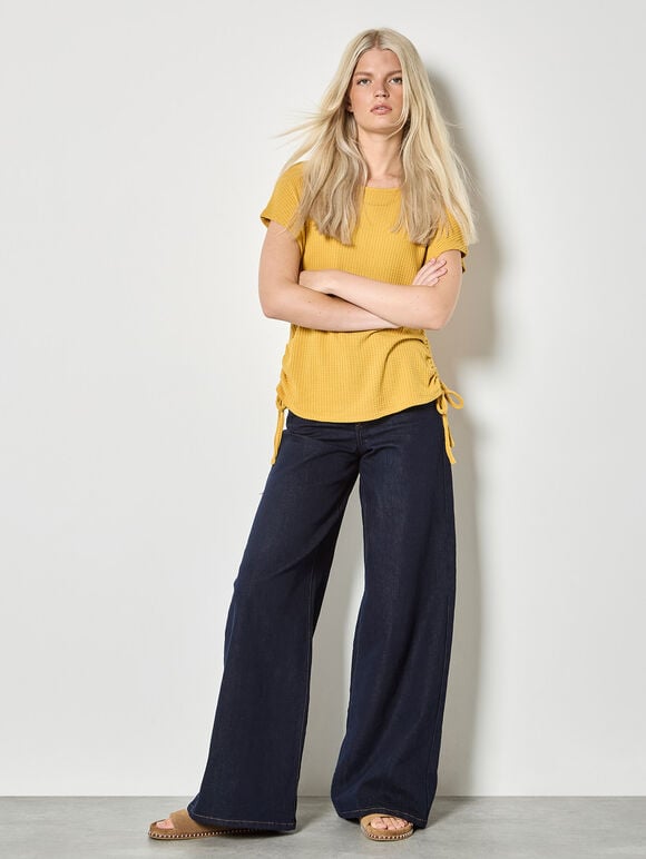 Waffle Knit Ruched T-Shirt, Mustard, large