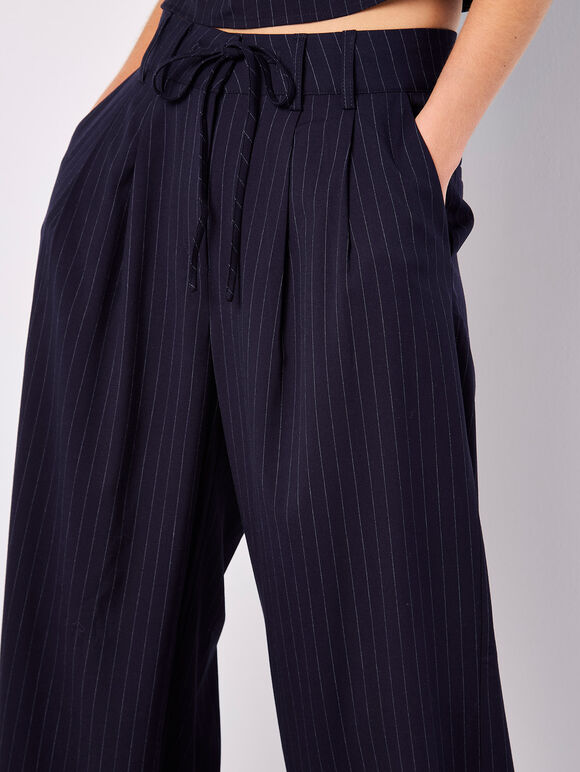 Pinstripe Wide Leg Tailored Trousers, Navy, large