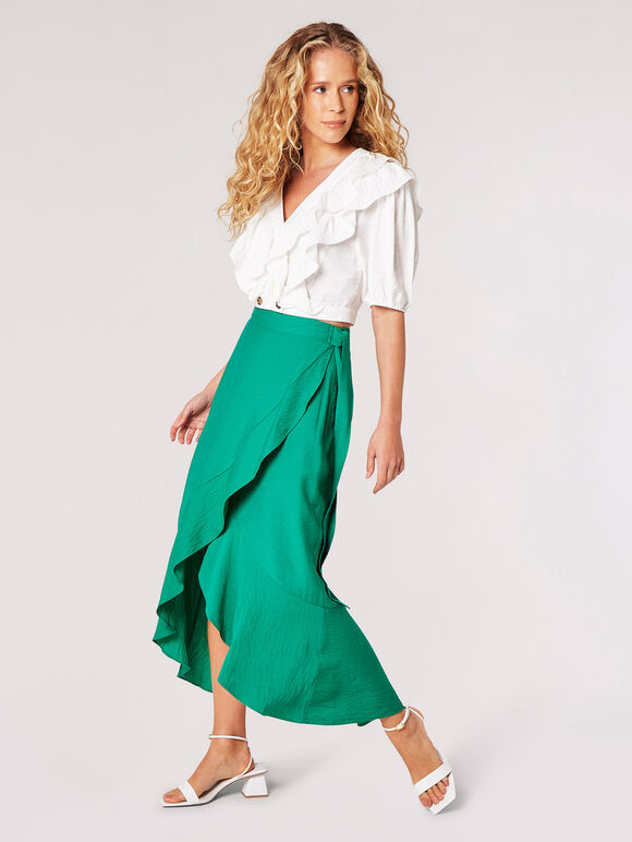 Ruffle Wrap Maxi Skirt, Green, large