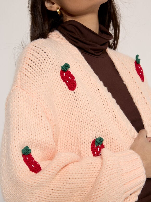 Chunky Knit Strawberry Cardigan, Peach, large