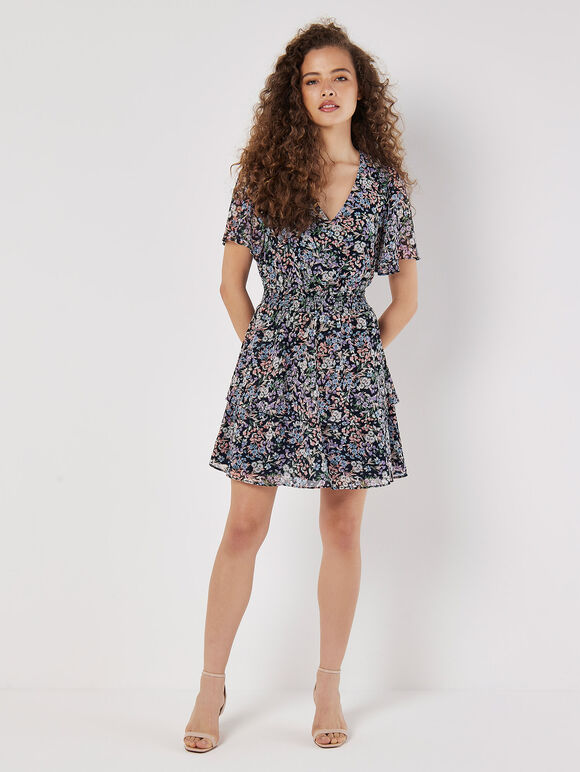 Ditsy Floral Chiffon Mini Dress, Navy, large