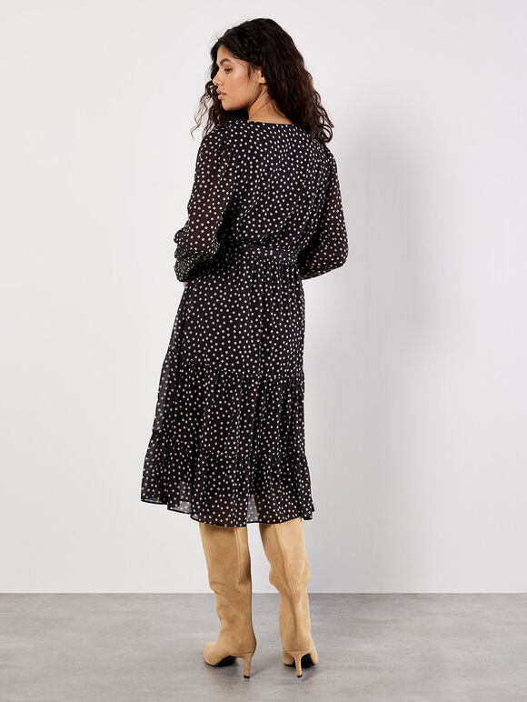 Polka Dot Chiffon Wrap Midi Dress, Black, large