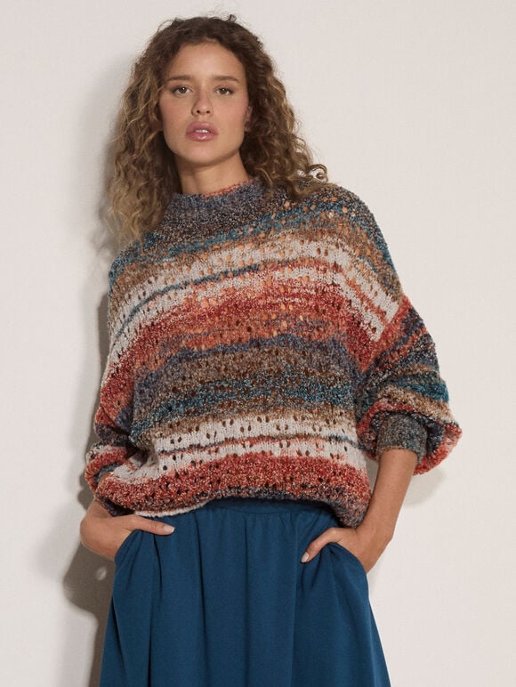 Open Knit Multi-Coloured Oversized Jumper, Teal, large