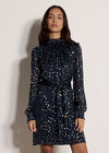Gold Foil Spot Self-Stripe Mini Dress, Navy, large