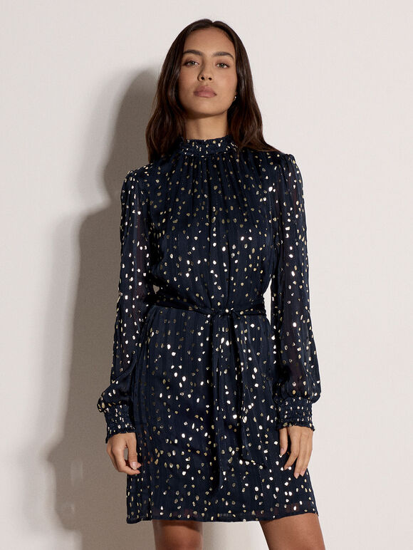 Gold Foil Spot Self-Stripe Mini Dress, Navy, large