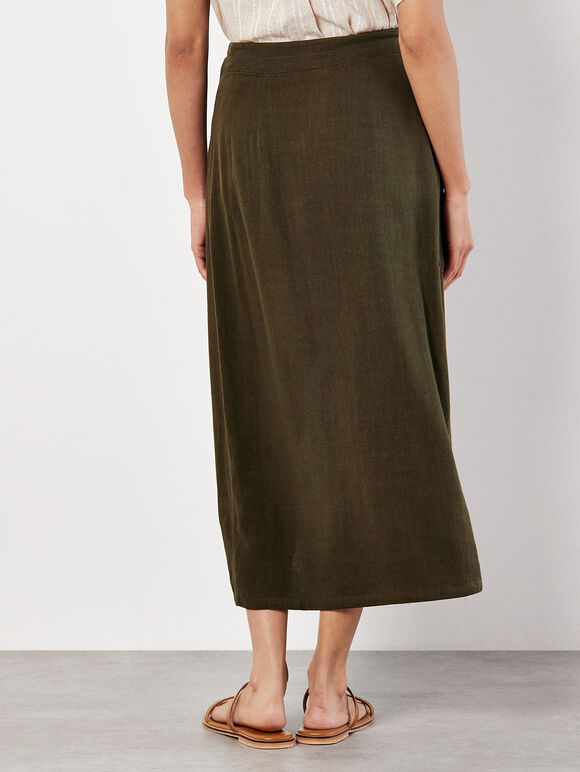 Linen Blend Wrap Midi Skirt, Green, large