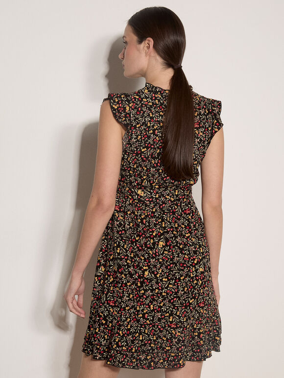 Ruffle Floral Mini Dress, Black, large