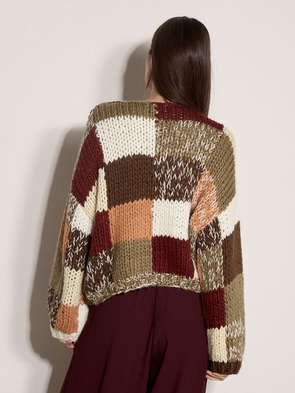 Chunky Hand-Crocheted Patchwork Jumper, Brown, large