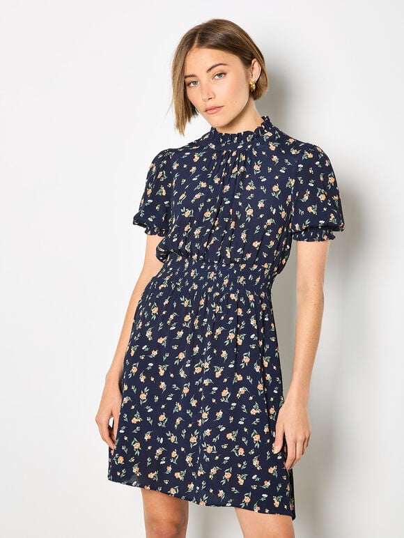 Ditsy Floral Ruffle Mini Dress, Navy, large