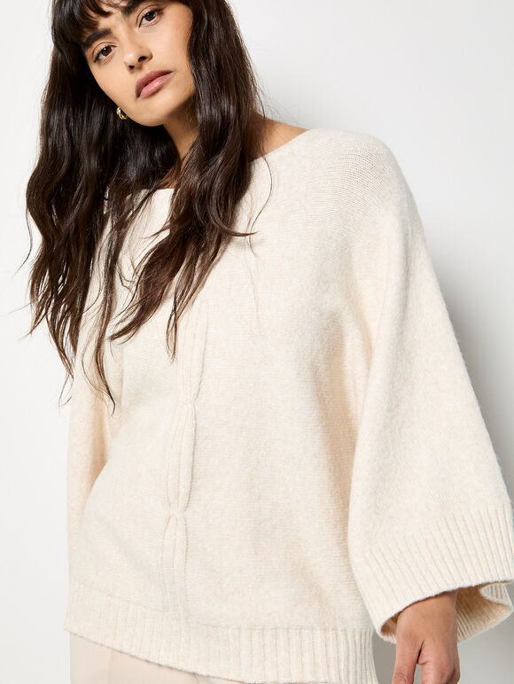 Oversized Cable Knit Cape Jumper, Stone, large
