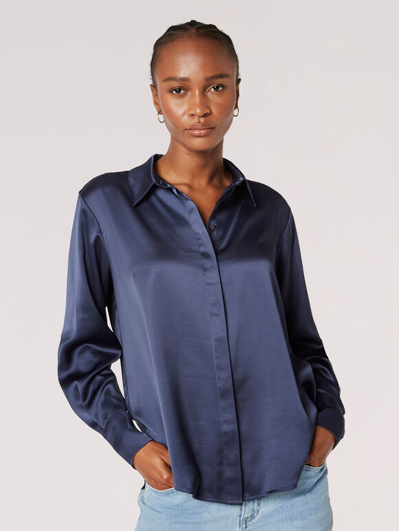 Oversized Satin Shirt, Navy, large