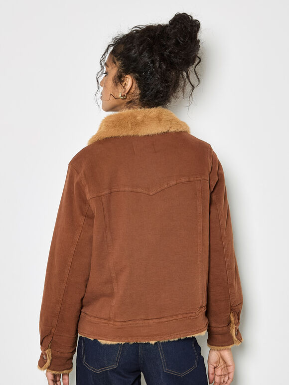 Faux Fur Lined Denim Jacket, Rust, large