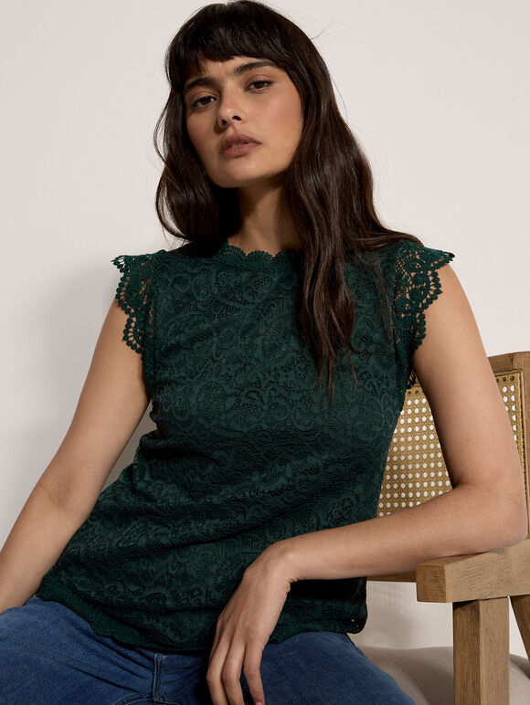 Lace Scallop Hem Blouse, Green, large