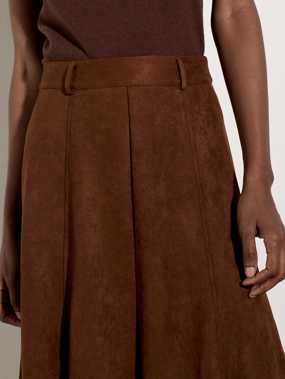 Suedette A-Line Midi Skirt, Brown, large