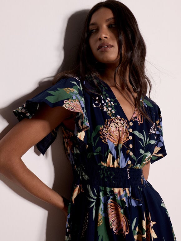 Botanical Floral Smocked Midi Dress, Navy, large
