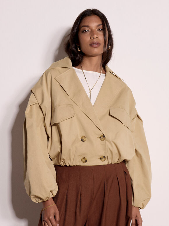 Cropped Trench Coat, Stone, large