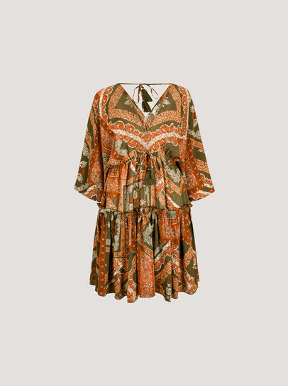 Satin Scarf Print Kaftan Mini Dress