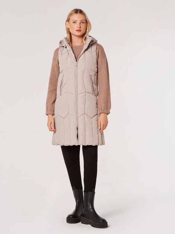 Hooded Longline Puffer Gilet, Stone, large