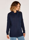 Soft Marl Mock Neck Button Front Top, Navy, large