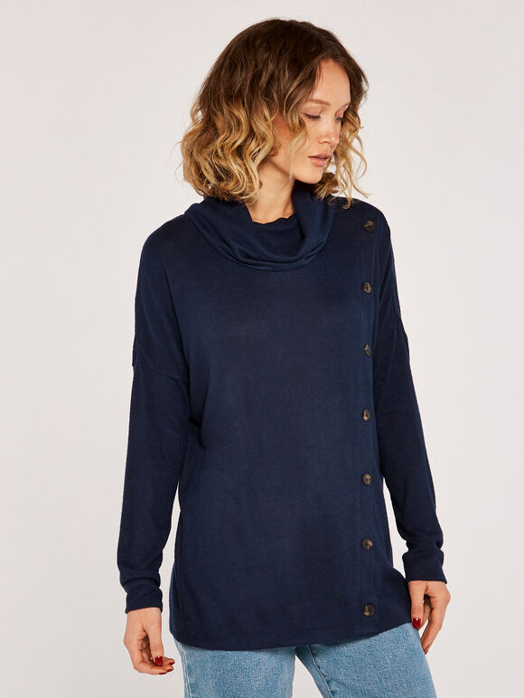 Soft Marl Mock Neck Button Front Top, Navy, large