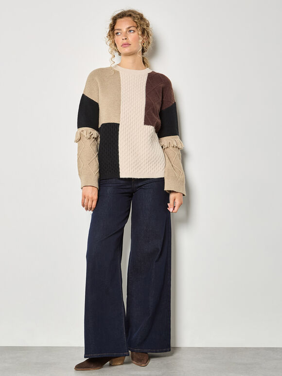 Mixed Cable Knit Patchwork Jumper, Brown, large