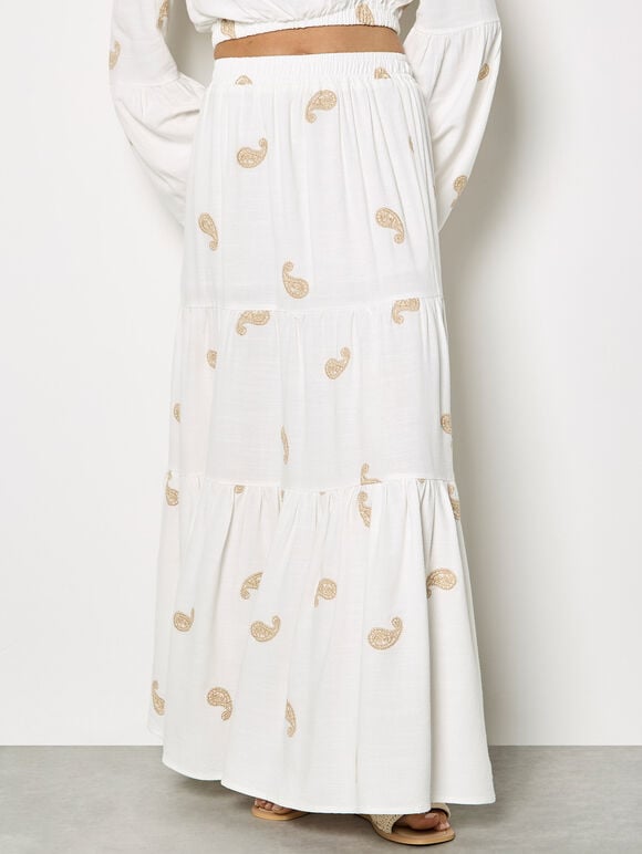 Paisley Embroidered Tiered Maxi Skirt, Cream, large