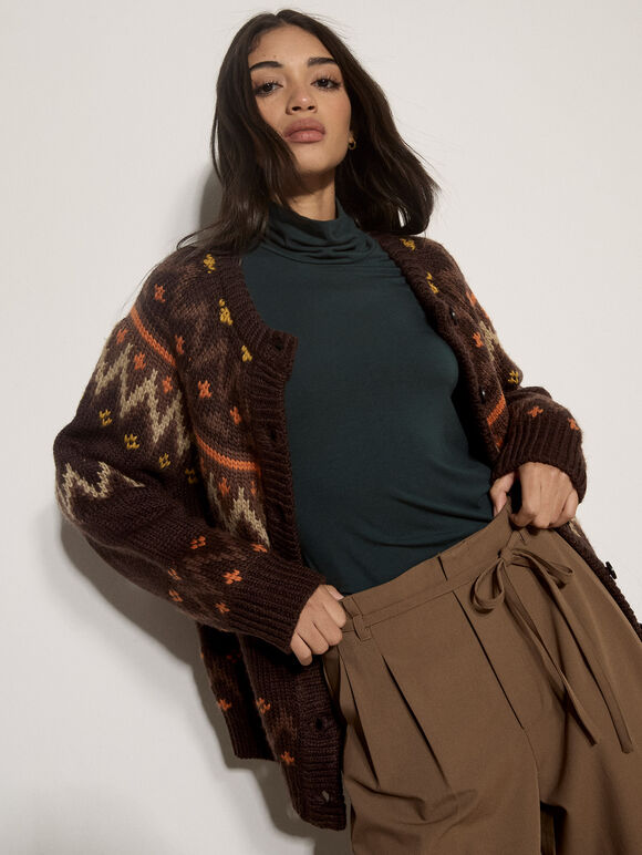 Fair Isle Chunky Knit Cardigan, Brown, large