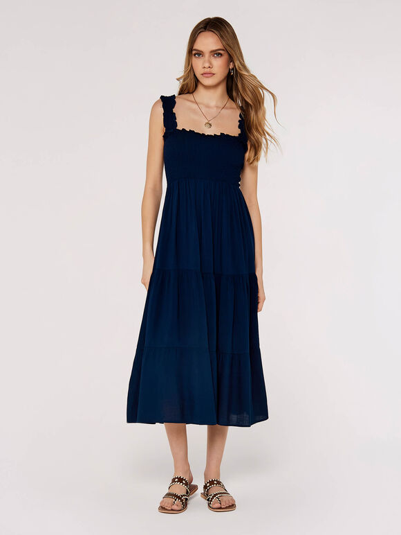 Robe midi smockée à volants, bleu marine, grand